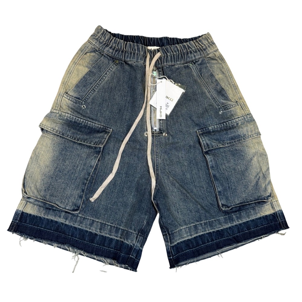NWT Mijko Mens Blue Denim Cargo Shorts Streetwear Raw Hem Exposed Zipper Size M